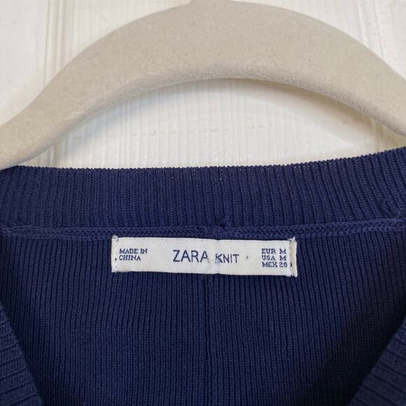ZARA Knit Drop Waist Skater Dress Navy Blue Structured Bodycon Size Medium - Picture 4 of 9